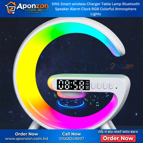5IN1 Smart Wireless Charger Table Lamp Bluetooth Speaker Alarm Clock RGB Light