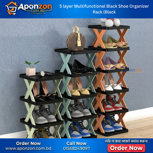 5 Layer Multifunctional Black Shoe Organizer Rack (Black)