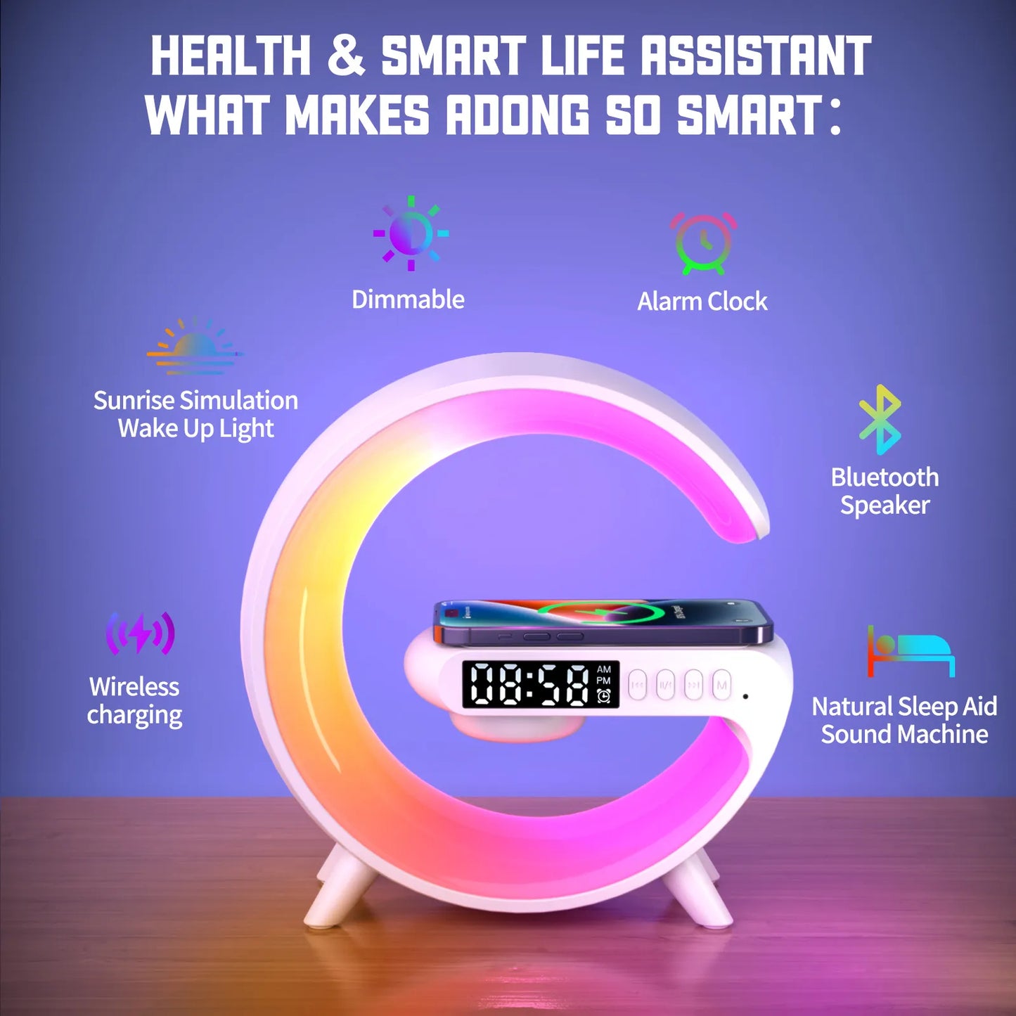 5IN1 Smart Wireless Charger Table Lamp Bluetooth Speaker Alarm Clock RGB Light